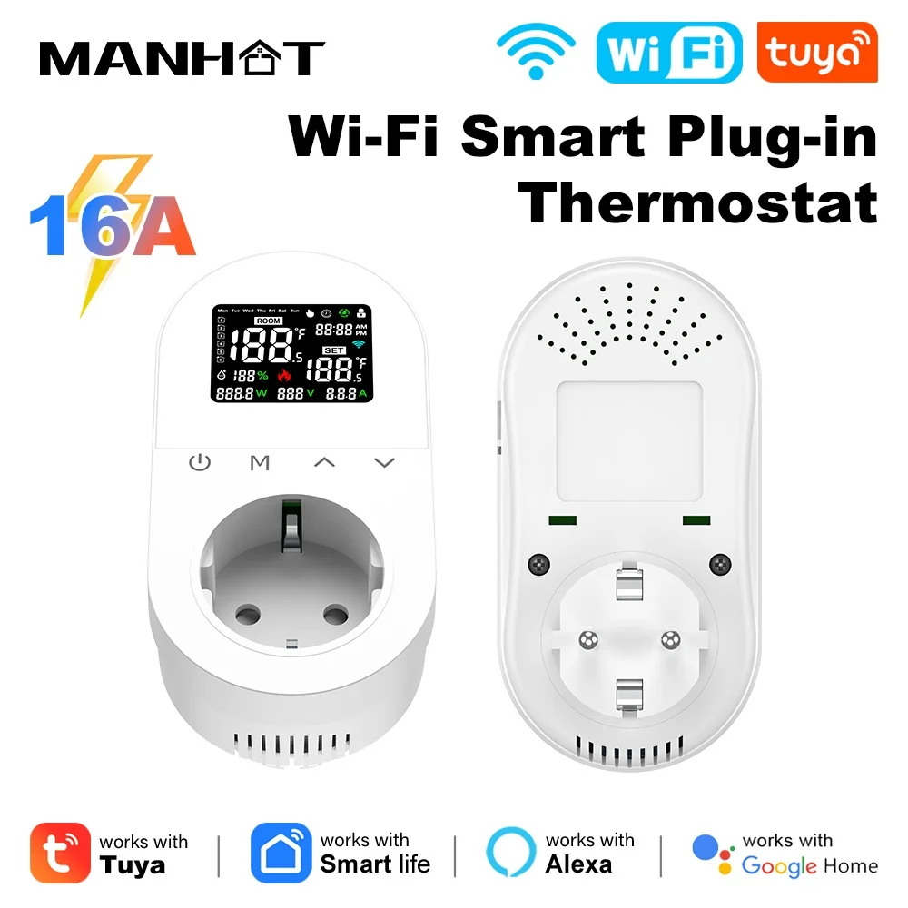 ปลั๊กเทอร์โมสตัทดิจิตอลอัจฉริยะ รองรับ Wifi 16A ปลั๊กแบบ EU ควบคุมอุณหภูมิความร้อนและความเย็นผ่านแอพ รองรับ Google Home, Alexa และ Tuya 1