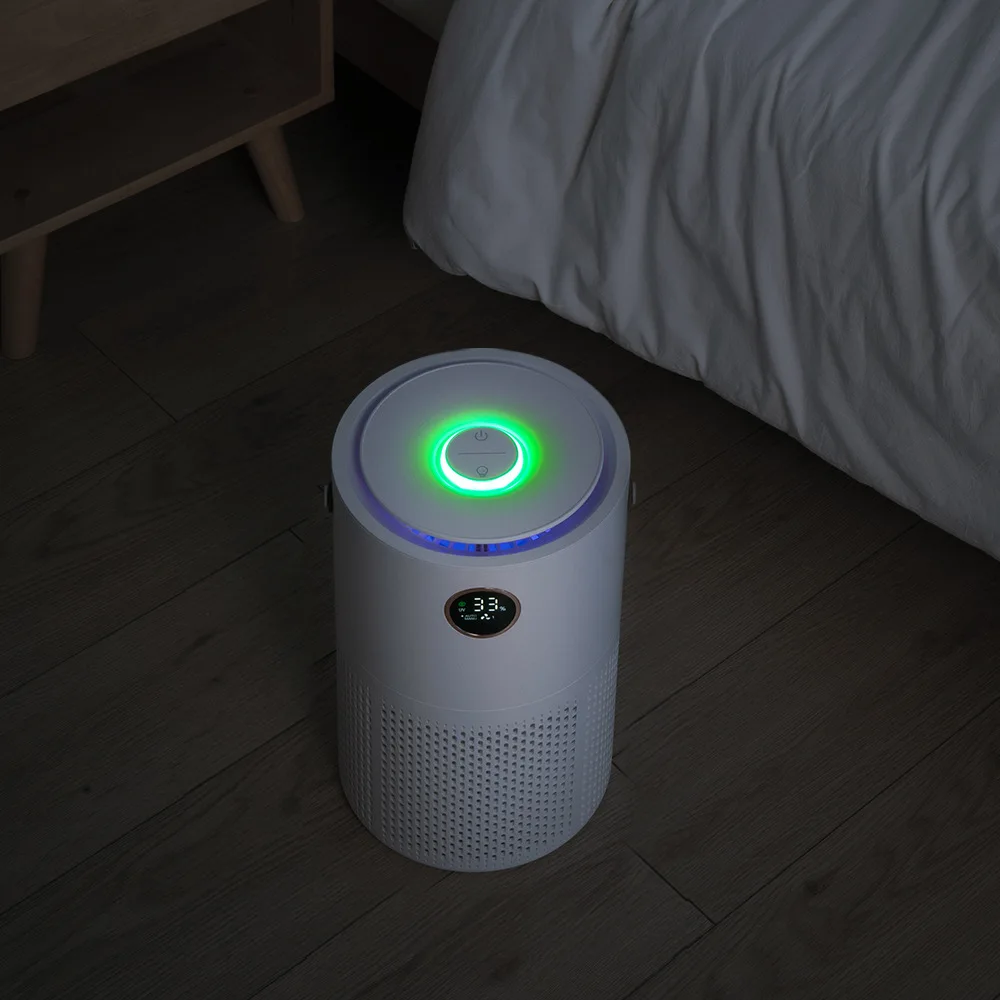 Purificateur d'air portable AP08 utilisé dans un salon, posé sur une table basse, avec une plante verte à côté.