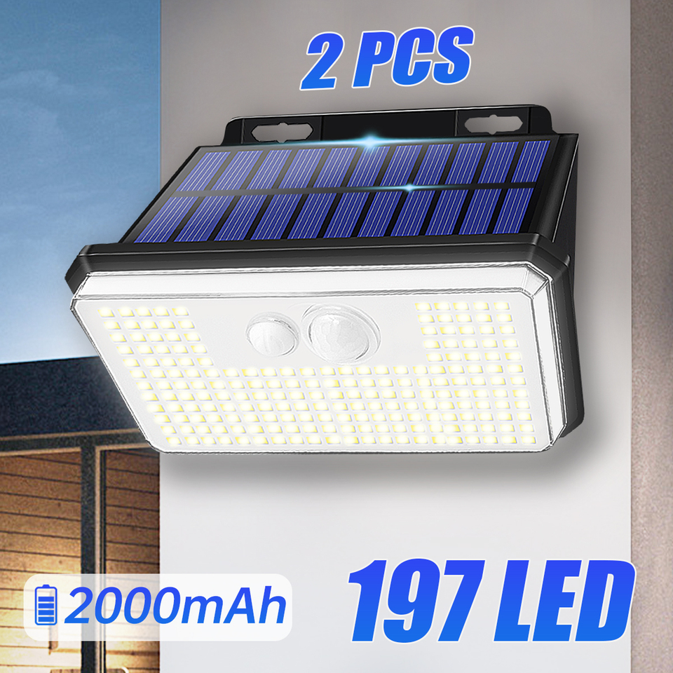 2Pack 197led Solar Motion Sensor Lights Outdoor 3 Modes IP65 Waterproof Wireless Solar Light for Steps Yard Garden Fence Wall