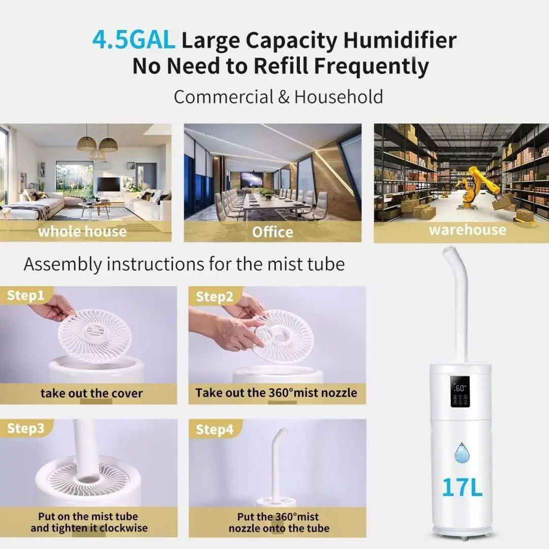 for Large Room Home Bedroom 2000 sq.ft. 17L/4.5Gal Large Humidifier with Extension Tube & 4 Speed Mist,Top Fill Whol 6