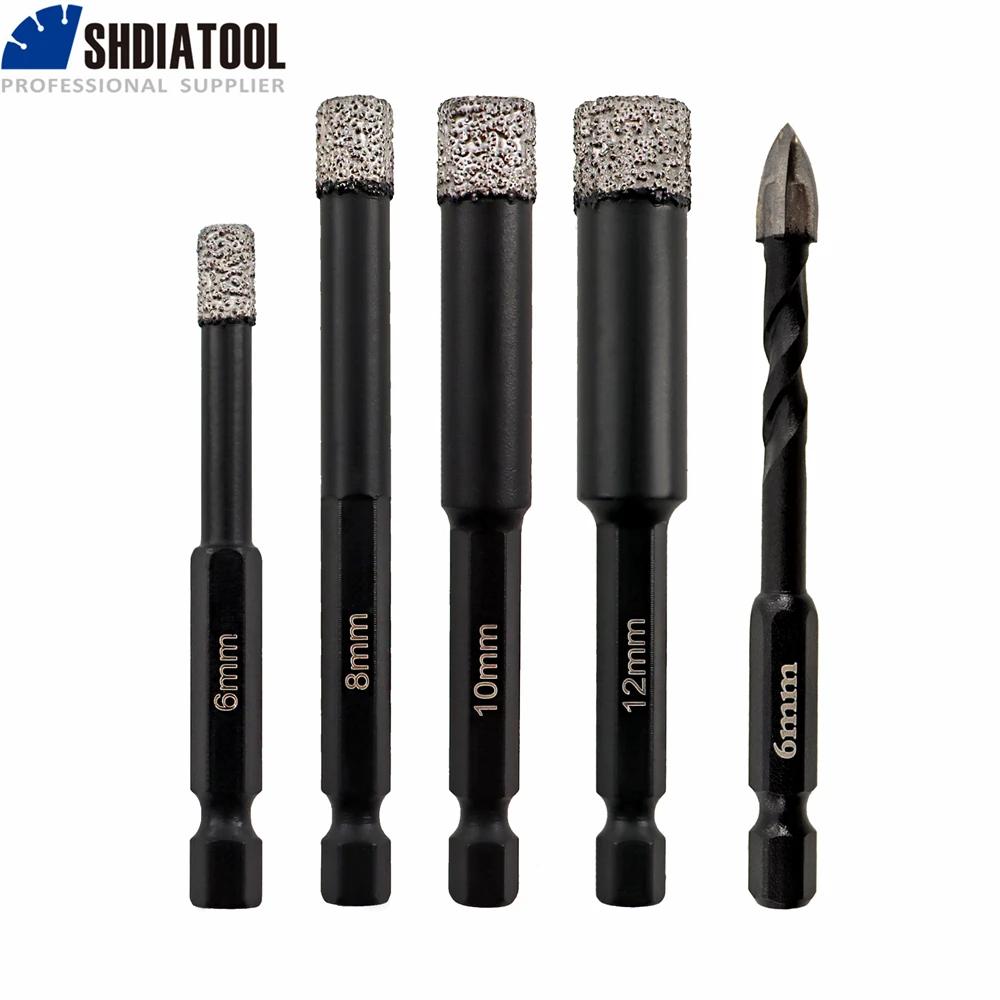 

SHDIATOOL 5pcs Dia 6/8/10/12MM Diamond Vaccum Brazed Dry Drilling Bits Quick-Fit Shank 6mm Carbide Porcelain Tile Hole Saw Cut