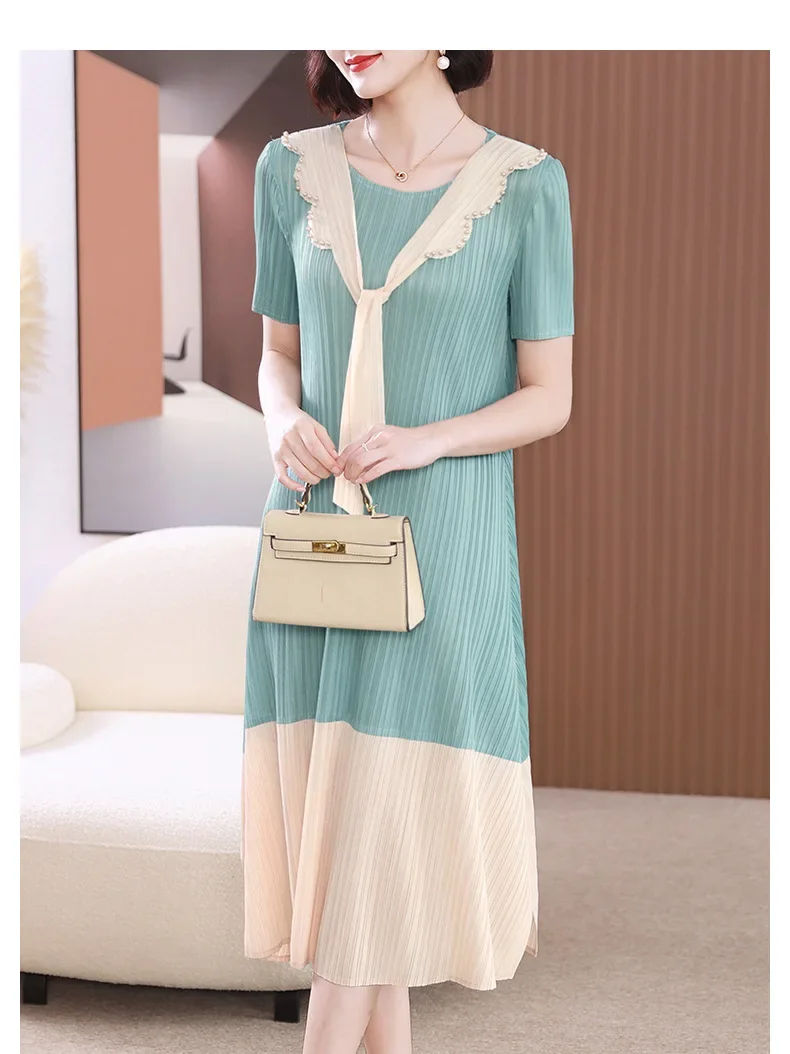 

Miyake Pleated Dress Women 2024 Summer Style Splicing Color-blocking Beads Loose V-neck Short-sleeved Elegant A-line Long Skirt