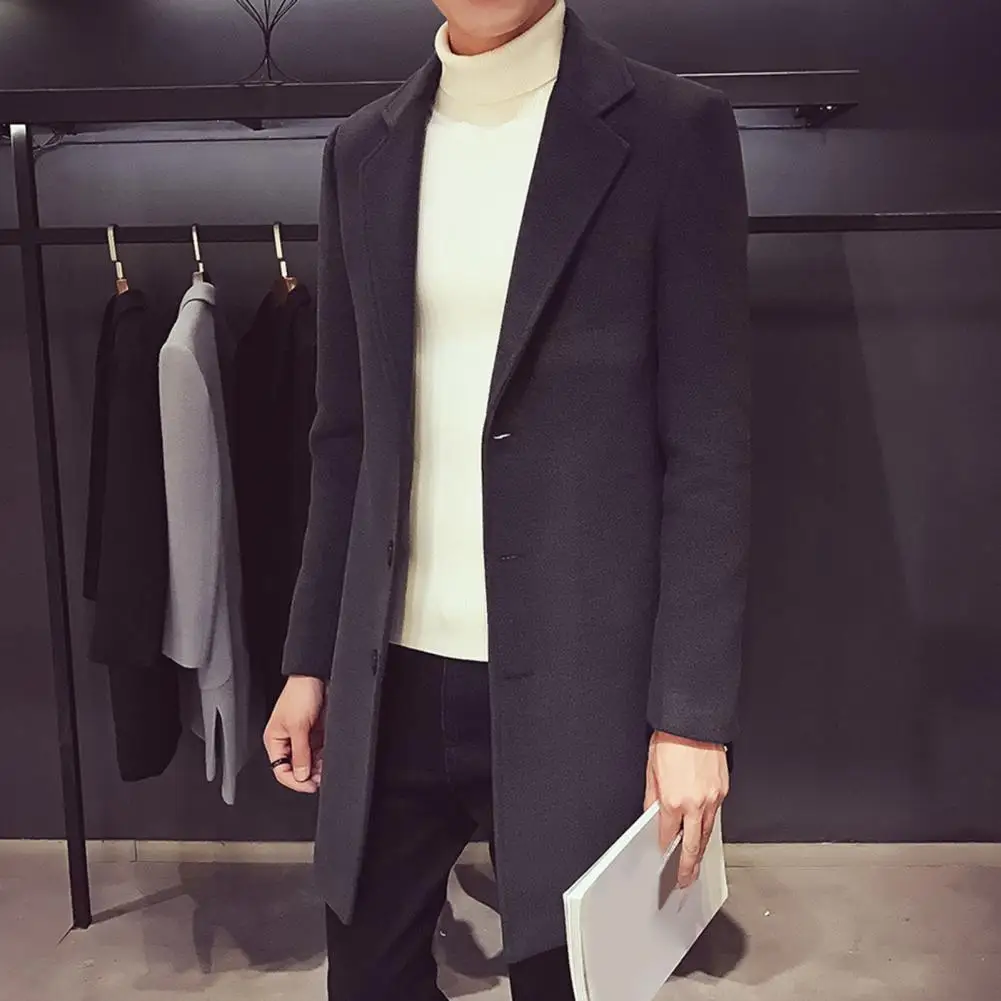 

Solid Color Men Jacket Stylish Men's Mid Length Winter Overcoat Solid Color Warm Windproof Cardigan Coat for Fall Season Men