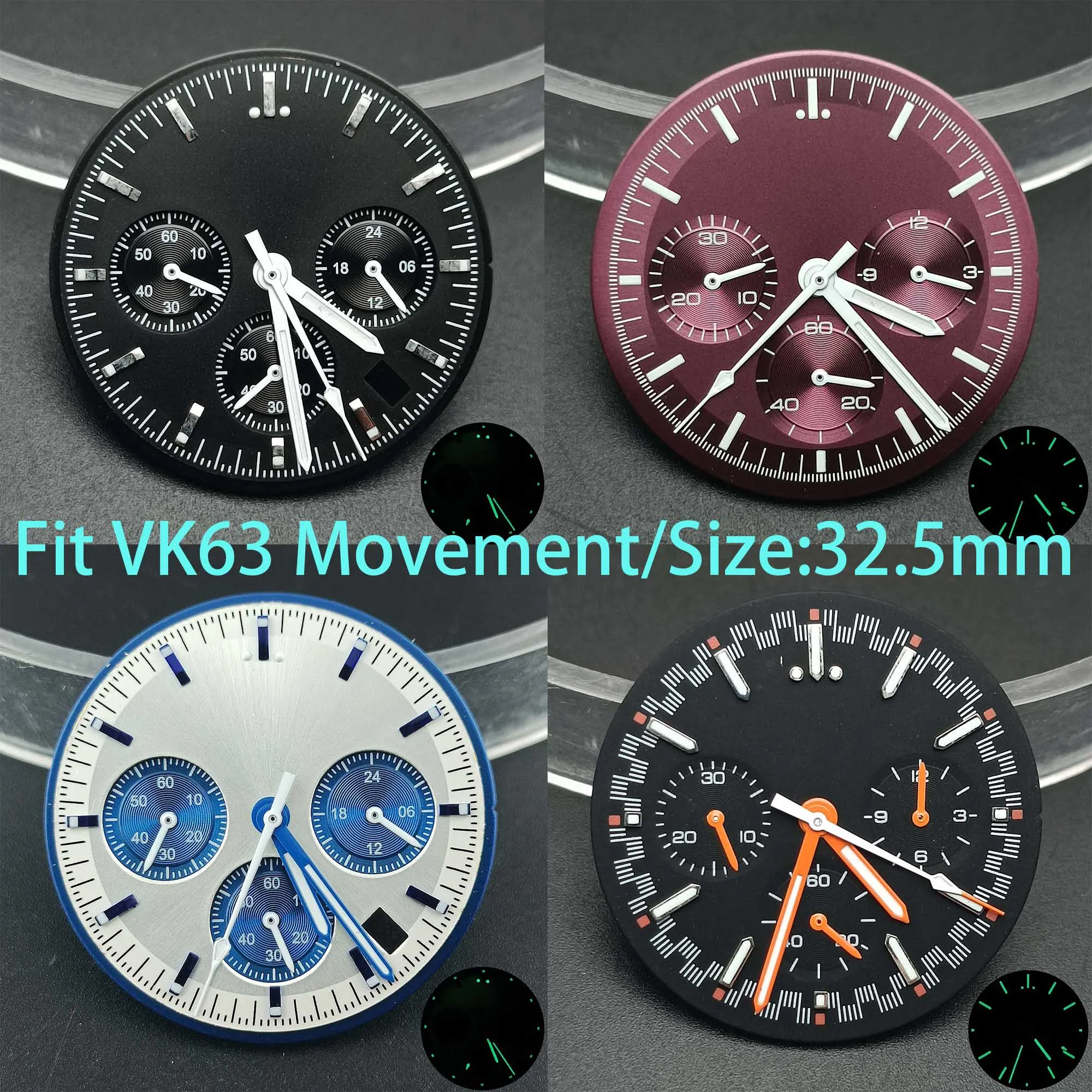 Cadran De Montre Luminescent Vert - Logo S Et R - Diamètre 29,5 Mm Pour Mouvement VK63 - Personnalisation Montre Homme