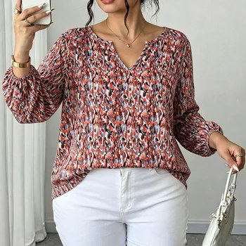 plus Size Multi-Color Printed Long Sleeve Women's Shirts Loose Casual Tops Suitable for Daily Work Wear