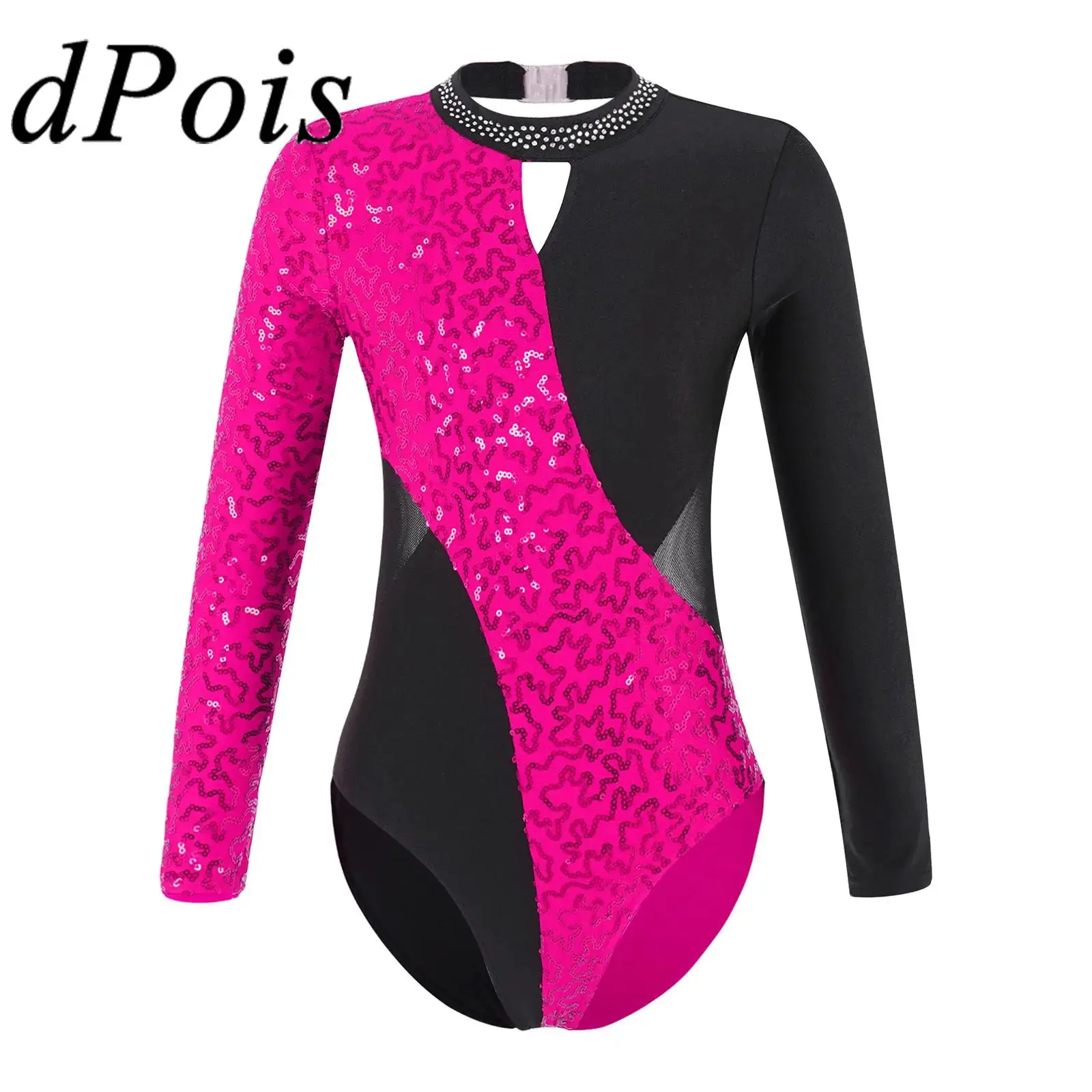 

Gymnastics Leotard for Kids Girls Long Sleeve Hollow Out Sequins Ballet Dance Leotard Competition Ice Skating Bodysuit Jumpsuit
