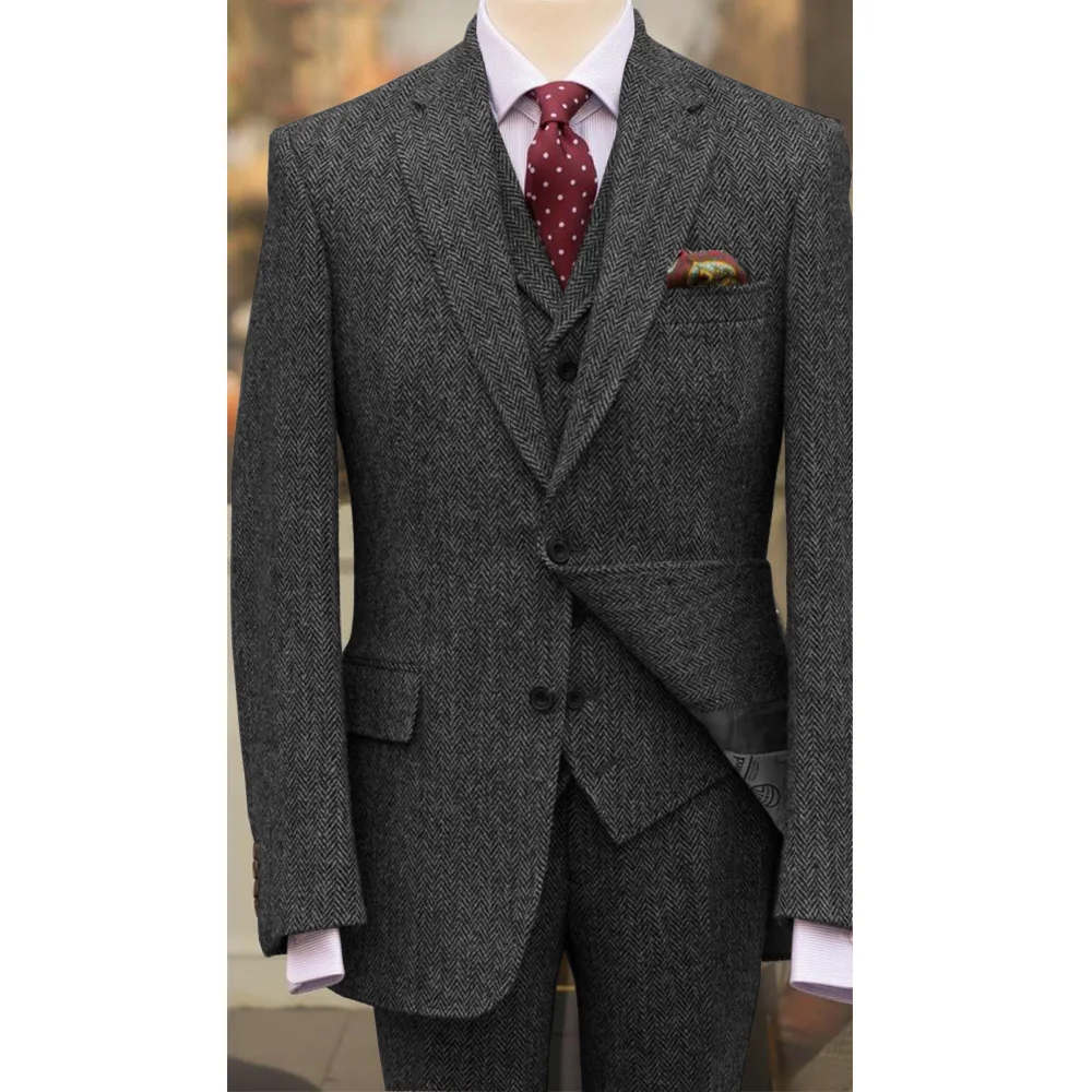 Men Suits Elegant Men\'s Full Suit Three Piece Herringbone Fabric Casual Fashion Groomsmen Grooms Dress Custom Man Suit Trousers