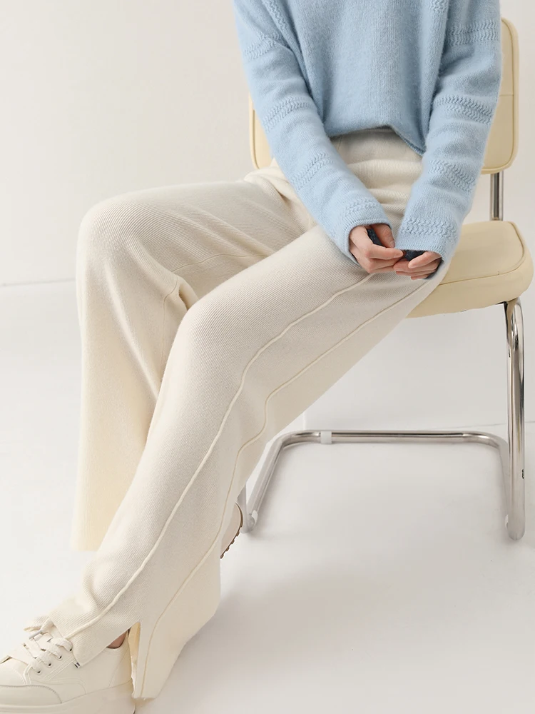 Women Wool Wide Leg Pants Threaded Elastic Waist Cashmere Trousers Autumn Winter 100% Merino Wool Knitted Soft Slit Design Pants