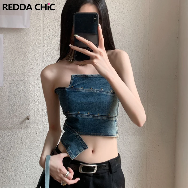 

REDDACHiC Asymmetric Splicing Women Denim Top Bustier Corset Rivets Beaded Off-the-Shoulder Tube Top Sexy Summer Y2k Streetwear