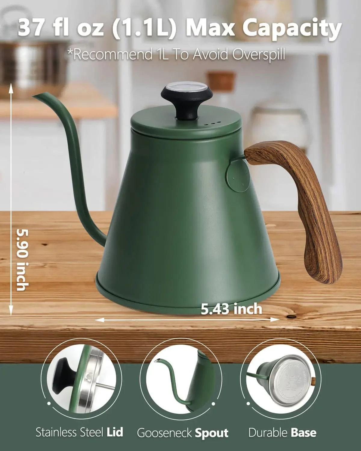 

Pour For 37oz & Anti-hot Stove With Top,gooseneck Over Coffee Drip Kettle, Tea Handle, Thermometer， Exact