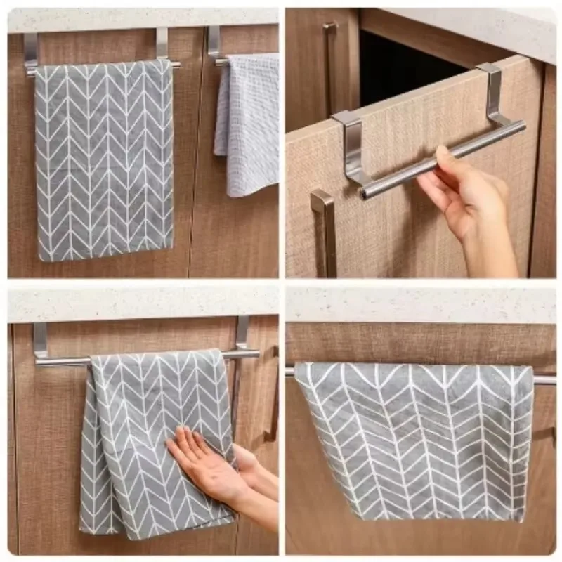 Stainless Steel Towel Rack Kitchen Cabinet Door Towel Bar Bathroom Hanging Hooks Home Storage Organizer Shelf