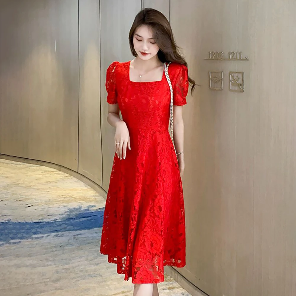 Large Size Loose Elegant Red Dress 2024 New Summer Fashion Ladies High Sense Niche Design First Love Temperament Long Skirt Tide