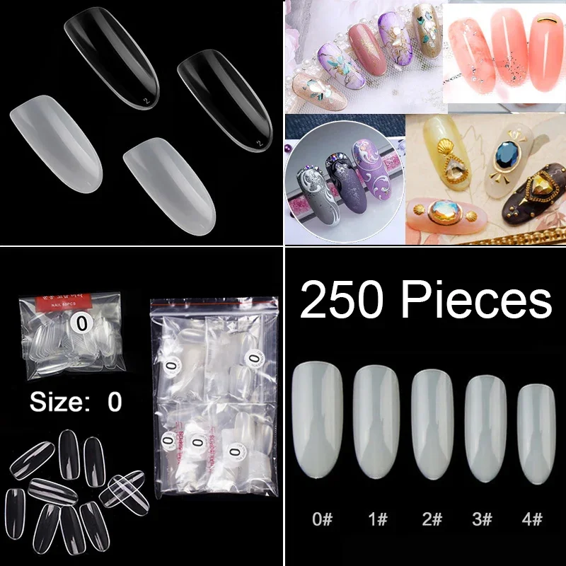 250 Pieces Per Bag Full Cover Oval False Nail Tips Purchase Specific Sizes Fake Nails For Paintting Prastic Size 0 1 2 3 4 5 6