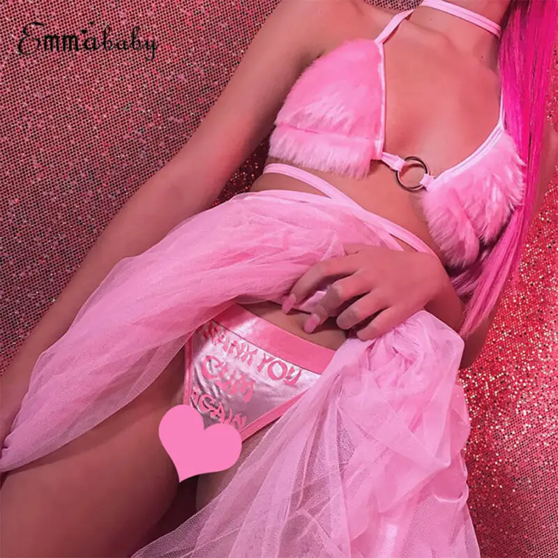 Sexy Women Bras Fluffy Plush Top Sweet Girl Pink Color Crop Top Ladies Crop Ladies Underwear Backless Metal Ring