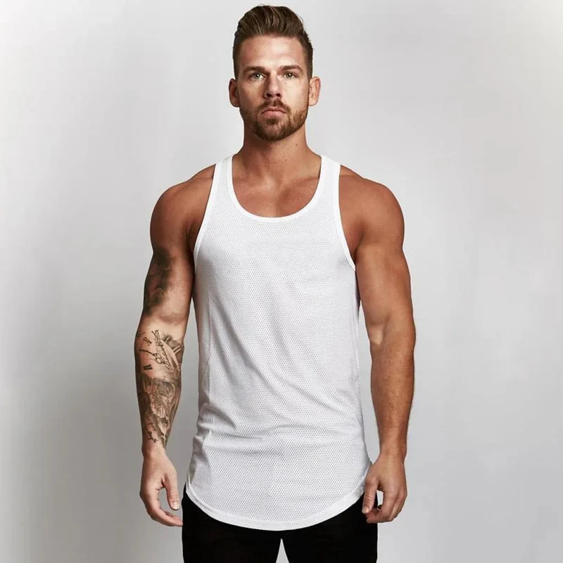 

Blank Mesh Slim Fitness Vest Men's European and American Arc Hem Sports GYM Bottoming Breathable Quick-drying Shoulder