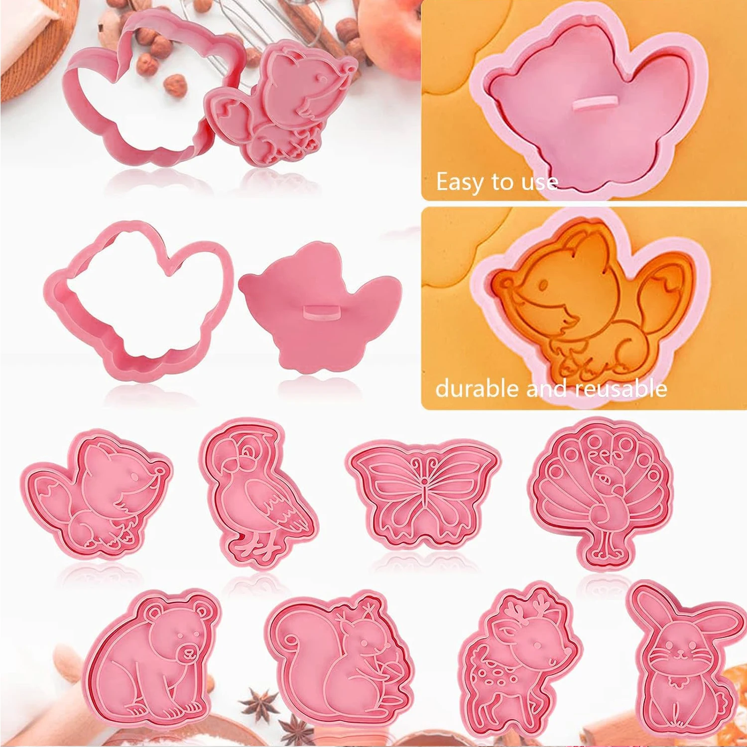 Cookie Cutters Animal 8 Pattern Plastic Cartoon Pressable Biscuit Mold Confectionery Cookie Stamp Kitchen Baking Pastry Tools