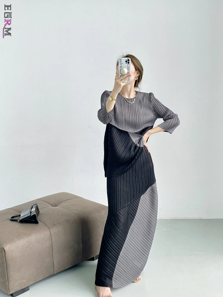 

EGRM Two Piece Sets Womens Outifits for Women 2023 New Miyake Pleated Designer High-end Color Matching Casual Set Autumn 2GR9937