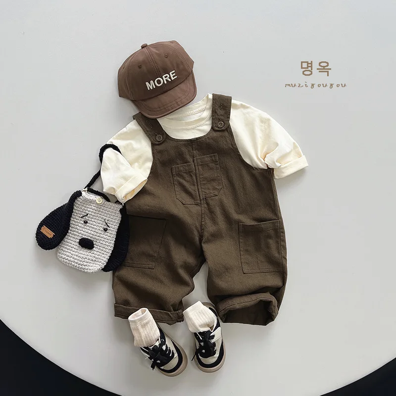 Korean Autumn Children Boy Strappy Pant Cotton Sides Pocket Toddler Boy Cargo Pants Solid Versatile Baby Wide Leg Pants boys cargo pants