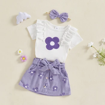Baby Girl Summer Romper With Matching Skirt And Headband Set