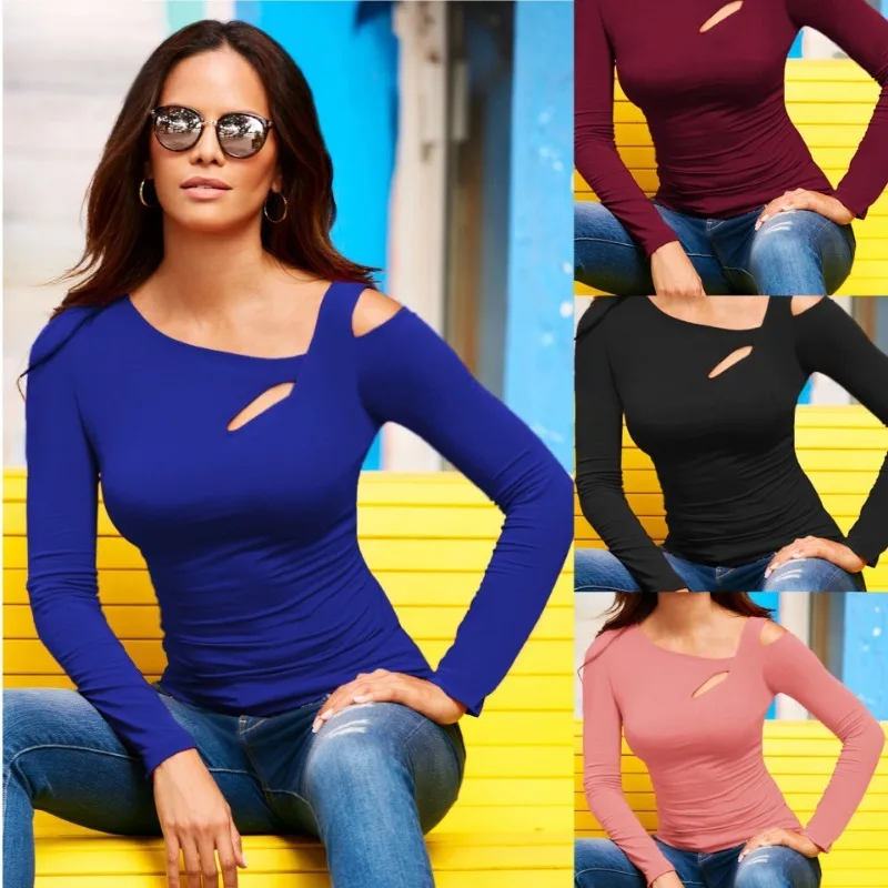 Women's Diagonal Collar T-shirts, Long Sleeve, Slim Fit Clothes, Black Tees, Monochromatic, Spring and Autumn Fashion, 8008