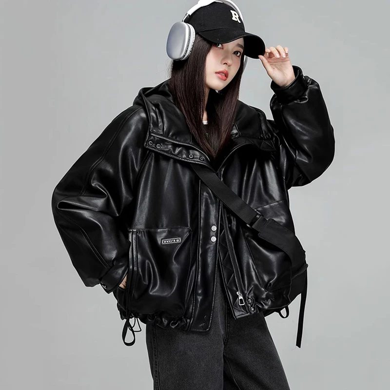 

Spring Short Leather Hooded Jacket Women 2024 New Fashion Zipper Outerwear Autumn Streetwear Female Casual PU Leather Jackets