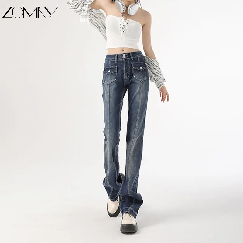 

ZOMEY 2023 New Y2K Ladies Fashion Side Stripe Denim Straight Leg Ankle Micro Flared Trousers Are Novel Comfortable Women's Jeans