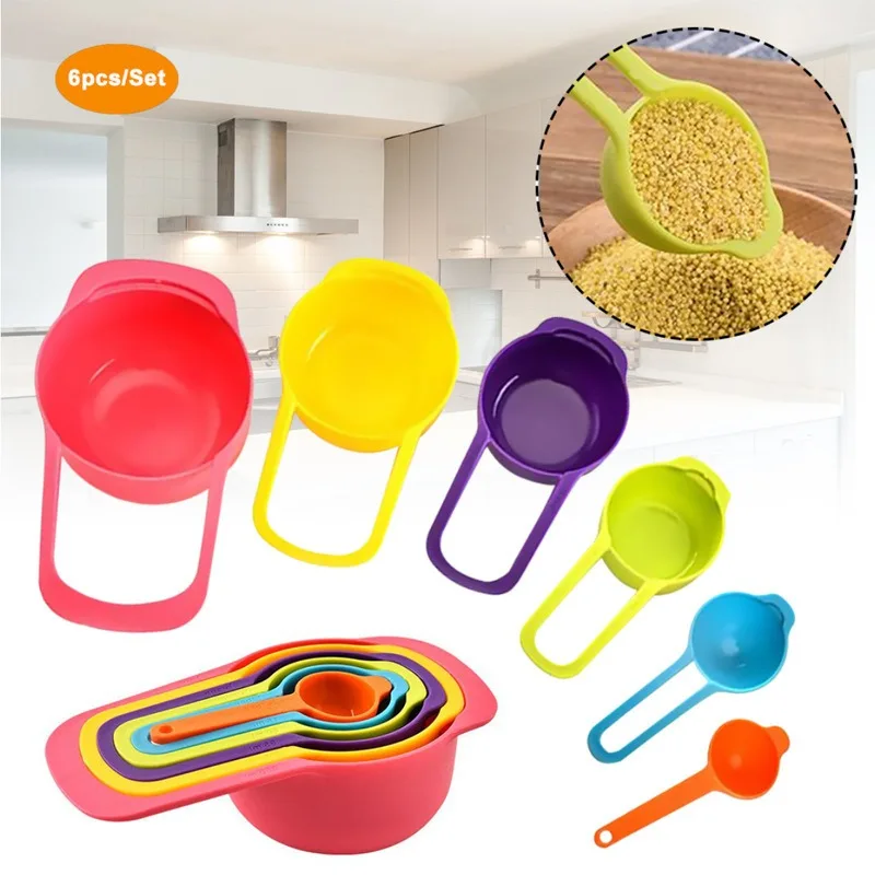 6-piece of Graduated Rainbow Measuring Spoons Plastic Measuring Spoons Kitchen Stackable Combination Cup Baking Tools