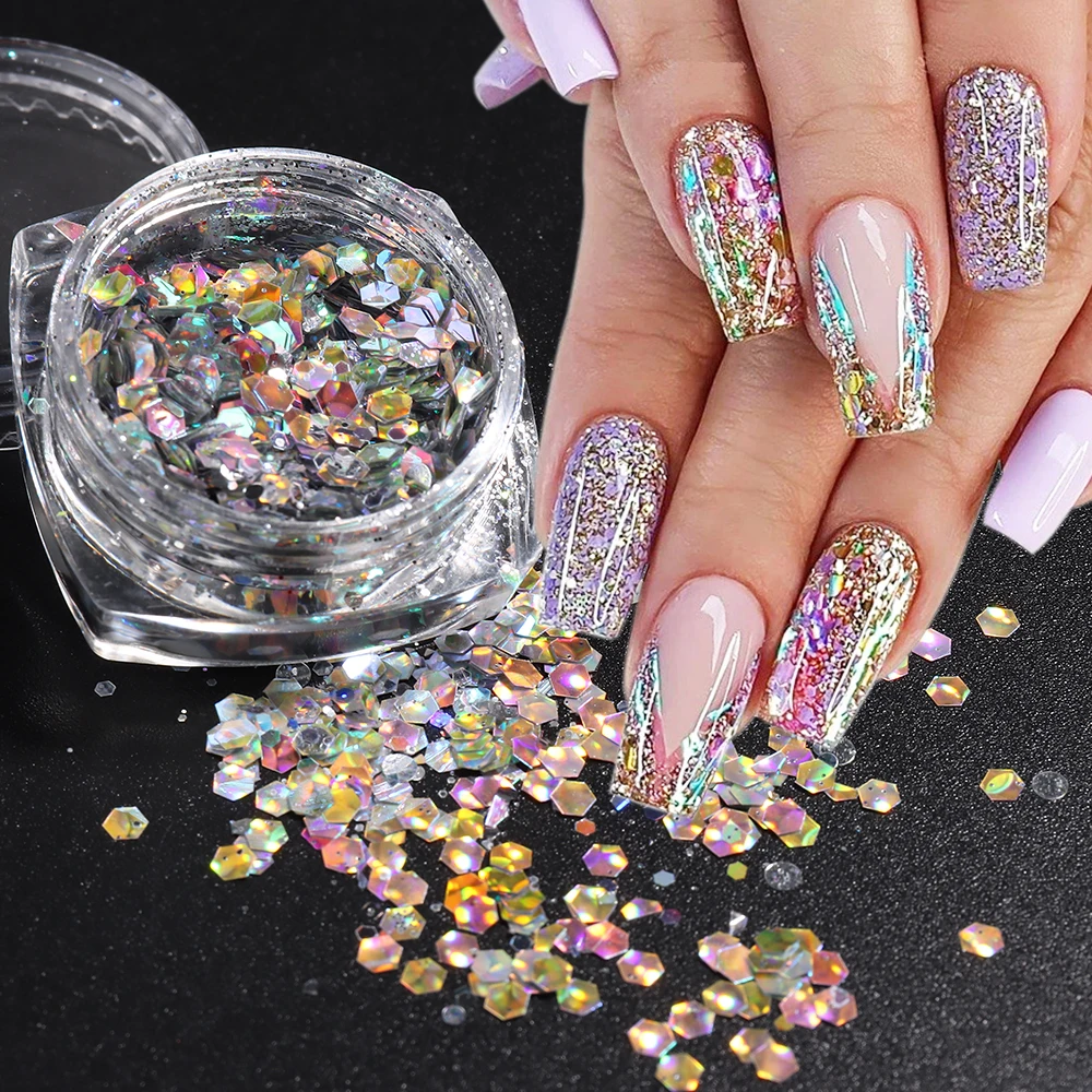 Holographic Nail Art Sequins Mermaid Rainbow Hexagon Spangles Blue
