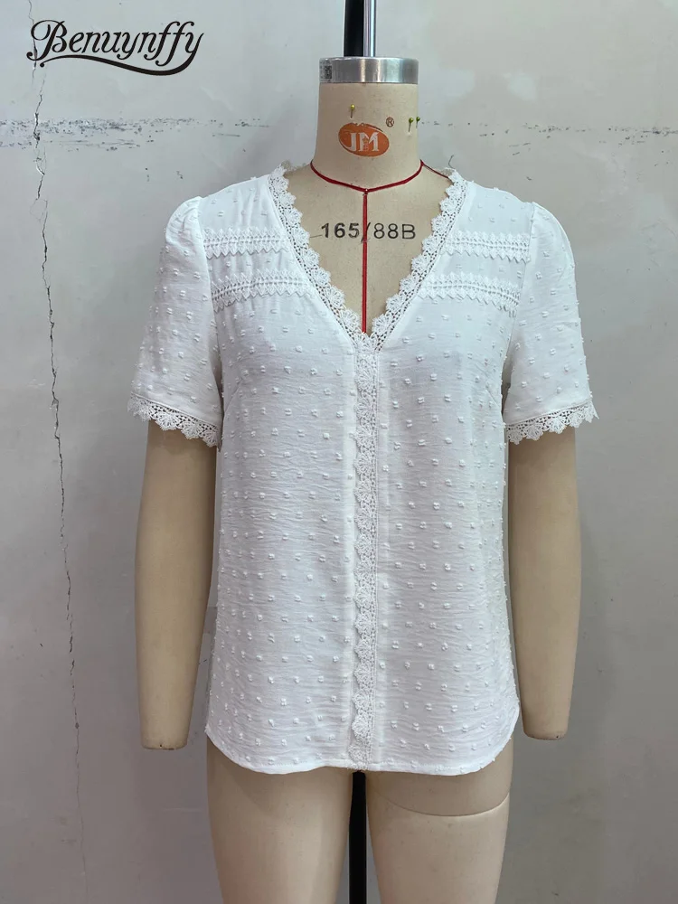 Benuynffy V-neck Lace Swiss Dot Solid Tops Blouse Women Fashion 2024 New Summer Short Sleeve Boho Sweet Casual Female Blouses