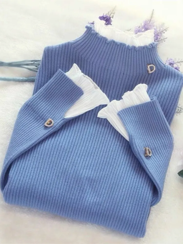 

Elegant Turtleneck Knitted Sweater Women Lace Ruffles Pullover Long Flare Sleeve Solid Autumn Winter Fashion Slim Fit Knitwear