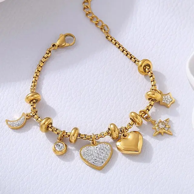 Liora Heart Moon Star Drop Pendant Women Stainless Steel Bracelets Zircon Wedding Banquet Charm African Bracelet Jewelry