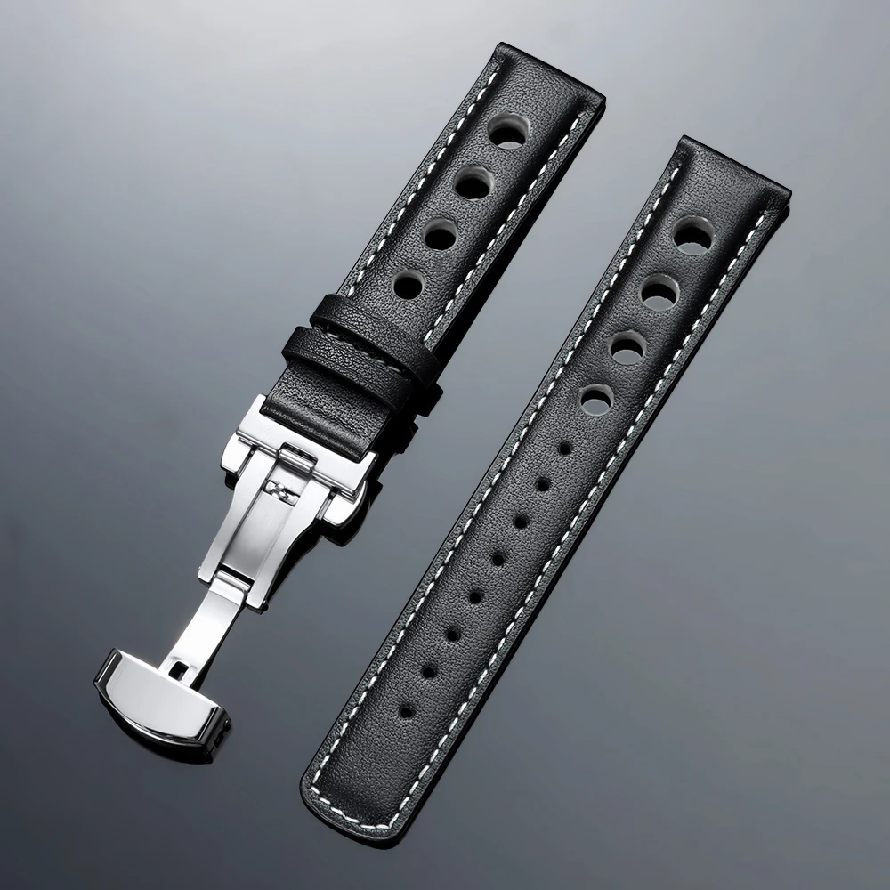Vintage Genuine Leather Watchband with Butterfly Clasp - Fashionable 20mm Cowhide Strap