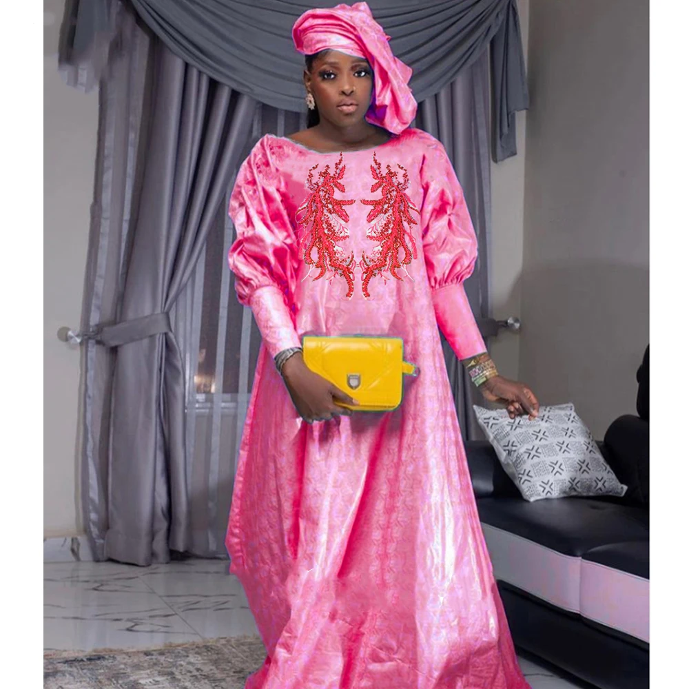 

2024 New African Women Bazin Riche Dresses With Headscarf Embroid Stone Nigerian Traditional Wedding Party Dashiki Basin Robe