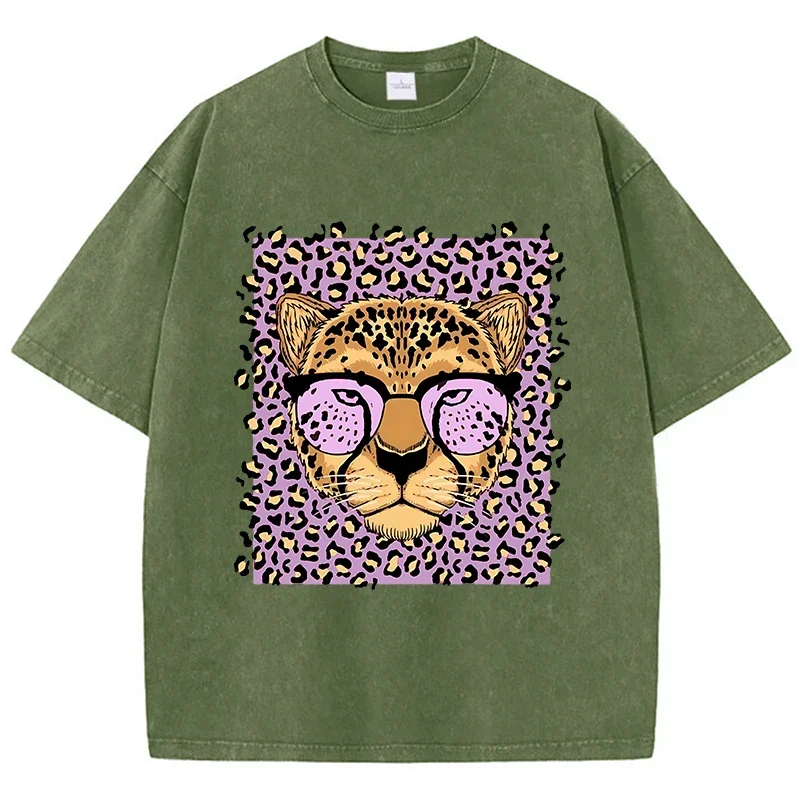 Vintage Damen Herren Acid Wash T-Shirts Leopard Cartoons Druck T-Shirts Rundhalsausschnitt Baumwolle Oversize Kurzarm Damenkleidung – Detail 12