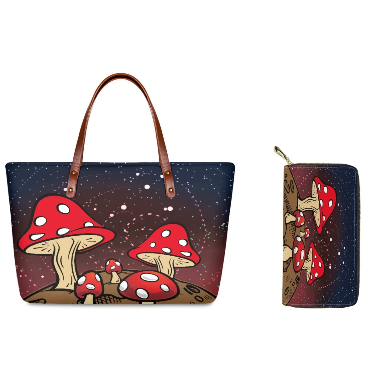 Forudesigns Set Di Due Pezzi Portafoglio Da Donna Borsa Star Mushroom Design Borse Materiale In Poliestere Shopping Shopper Bags