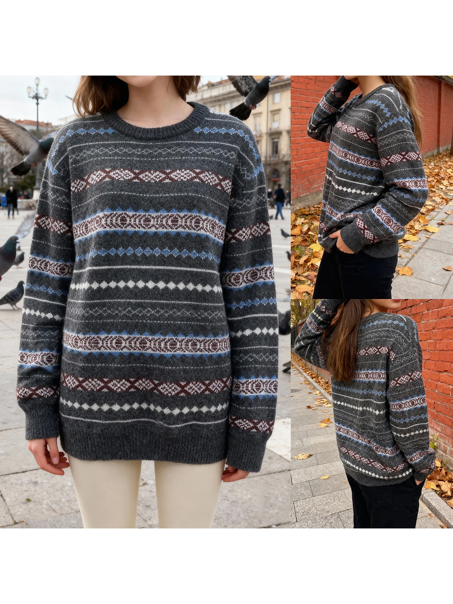 Women s Cozy Oversized Knit Pullover Sweater with Round Neckline and Striped Design for Fall Winter Fashion