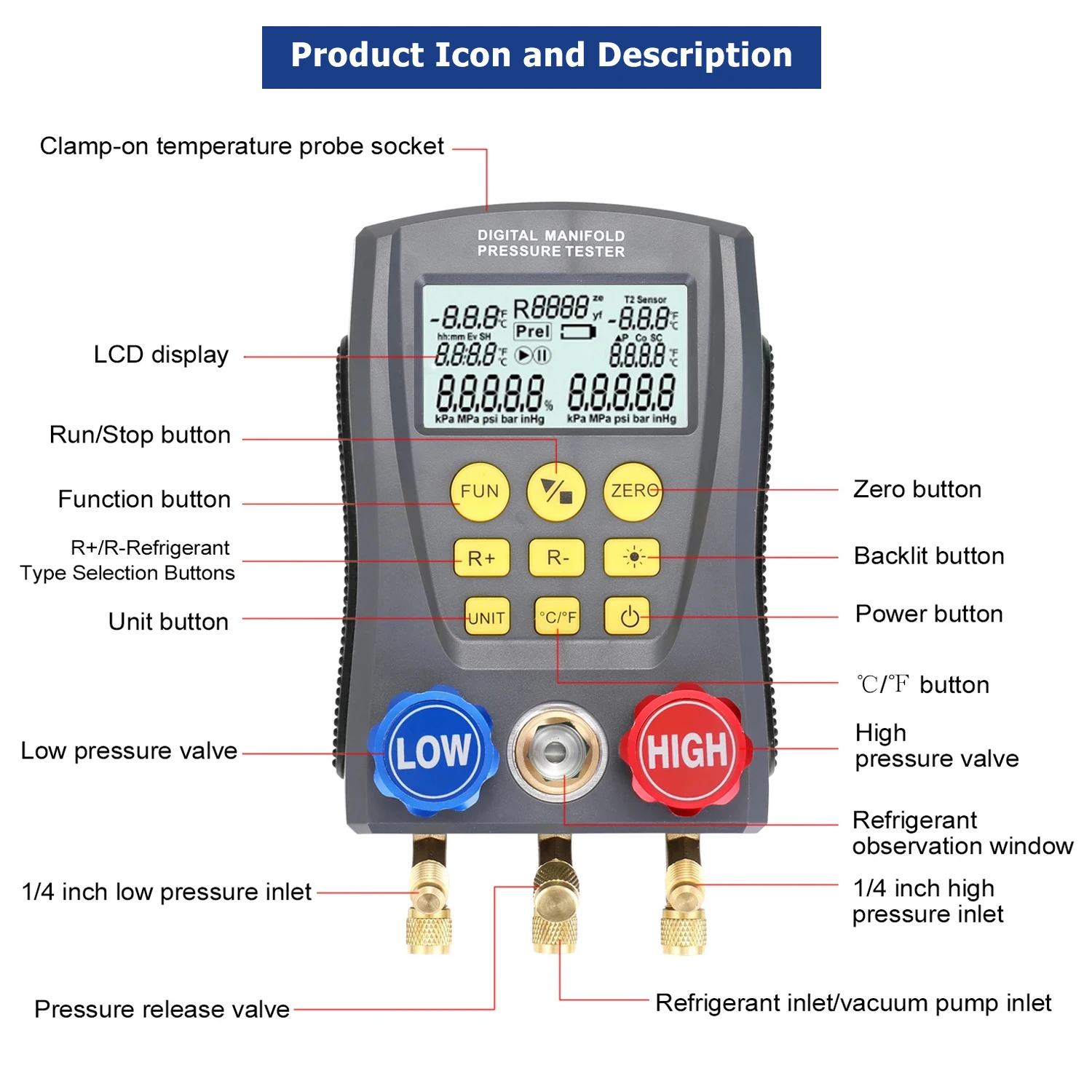 DY517 Digital Refrigeration Pressure Gauge Air Conditioning Temperature Detector