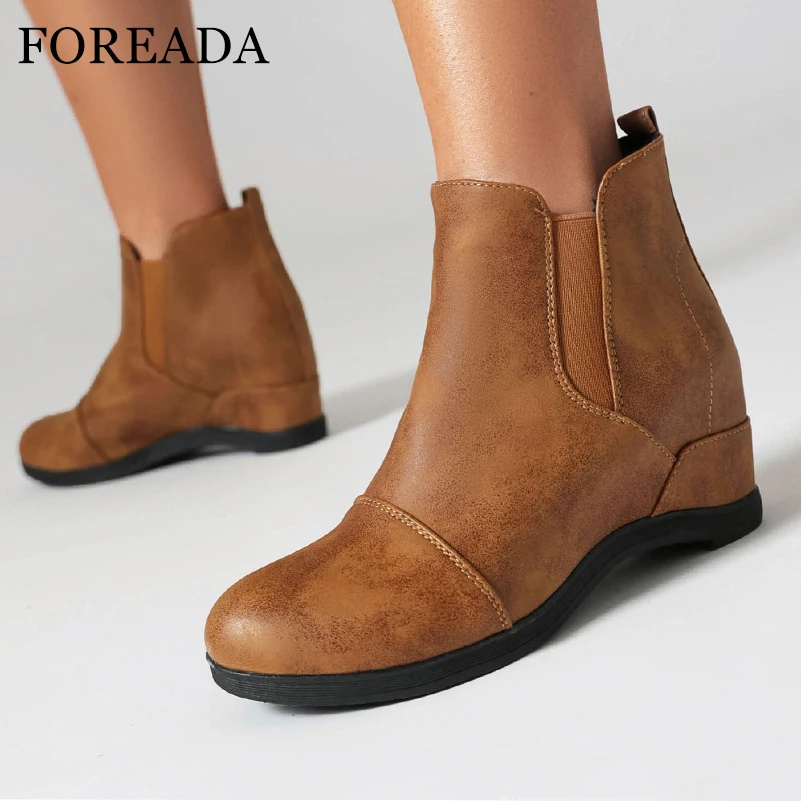 

FOREADA Women Ankle Boots Round Toe Height Increasing Mid Heels Chelsea Short Boots Ladies Fashion Shoes Autumn Winter Black 43