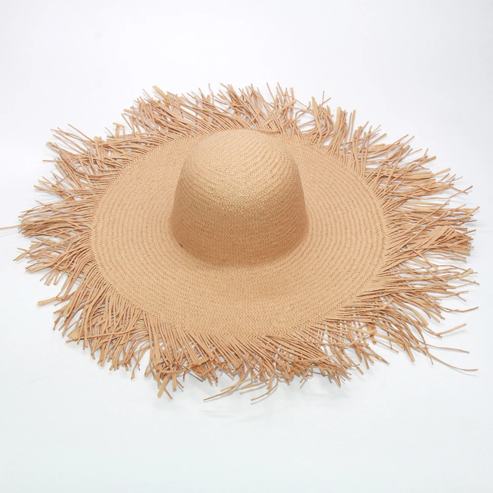 

Ladies Big Brim Fringed Raw Edge Beach Hat Sunshade UV Protection Foldable Dome Straw Multicolor Optional Outdoor Supplies