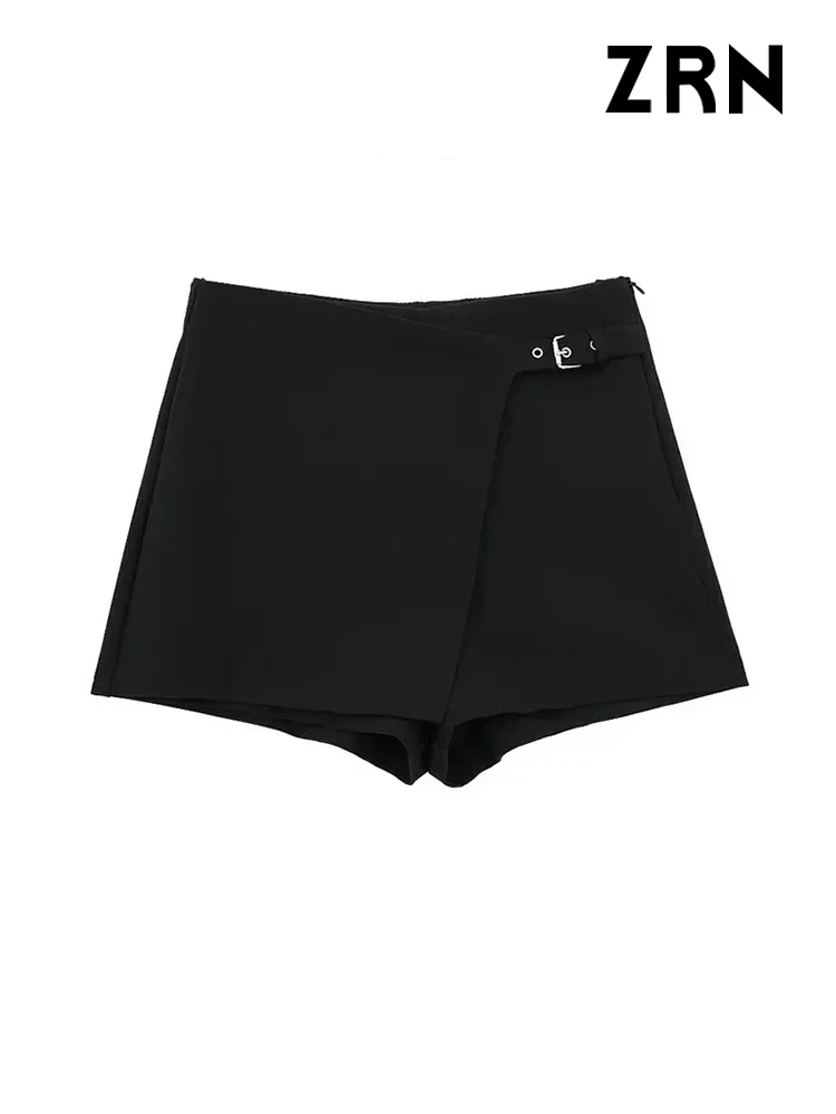 ZRN-Asymmetric Shorts Skirts with Tab for Women, High Waist, Side Zipper, Female Skort, Fashion