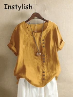 T-shirt à manches courtes en coton et lin, vintage, Harajuku, boutons, décontracté, uni, élégant, surdimensionné, streetwear, été 5