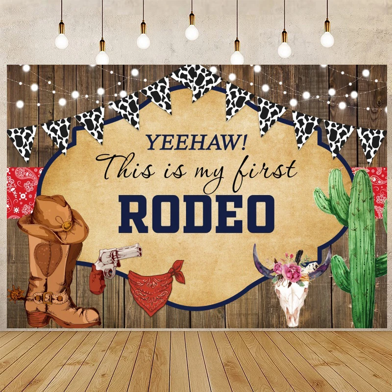 Il Mio Primo Rodeo Yeehaw Tema Party Sfondo Fotografia Luci Bokeh Brown Wood Board Neonato Foto Sfondi Vinile