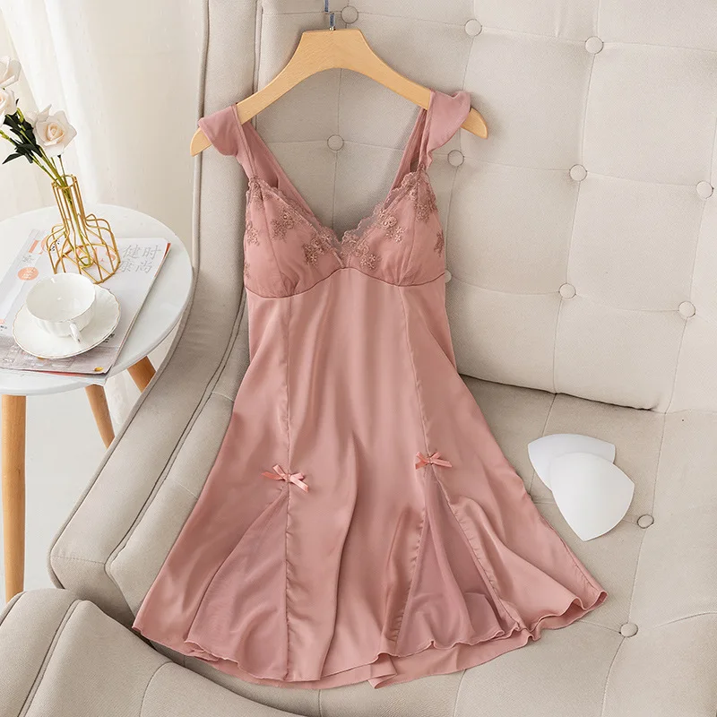 

Ночная сорочка Женская атласная на бретельках, пикантное нижнее белье, ночная рубашка с открытой спиной, кружевная одежда для сна, одежда для отдыха, лето