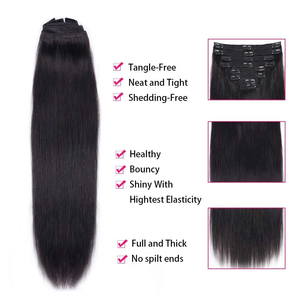 Natural Straight Clip in Hair Extensions Real Human Hair Clip ins Remy Human Hair Extensions Invisible Seamless Clip on Hair 1B