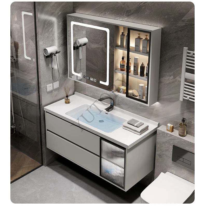 Solid wood smart bathroom mirror cabinet with lamp storage glass door defogging bathroom mirror wall-mounted type with rack