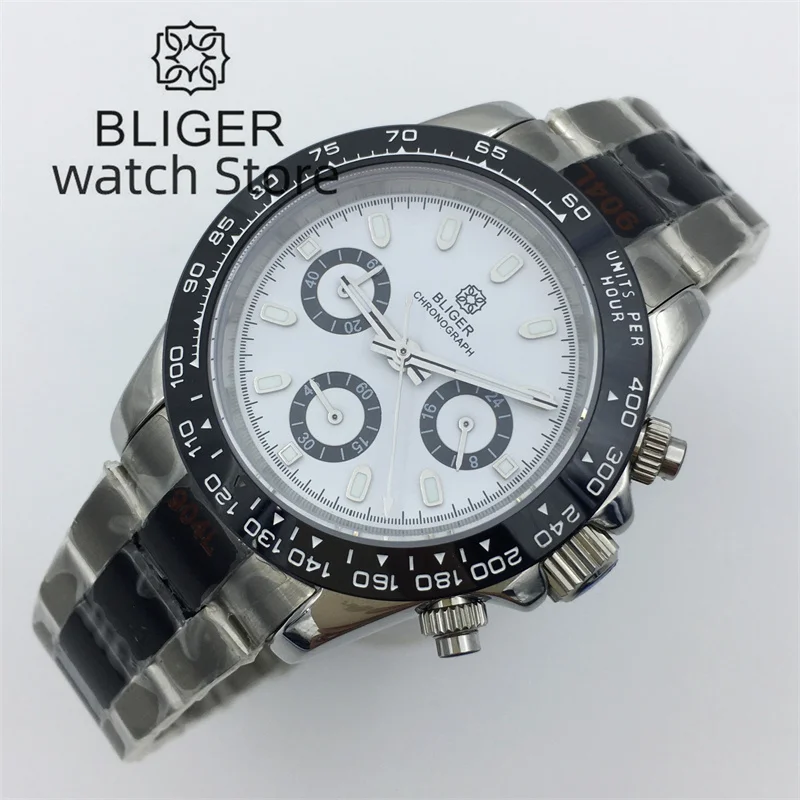 Bliger39mm quartz men's watch VK63 movement motion multifunctional time meter commercial sapphire Black white dial luminous inde
