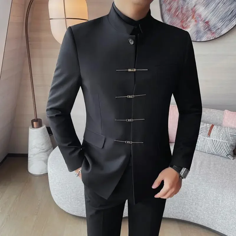 Men Chinese Style Stand Up Collar Suit Jacket Slim Fit Casual Social Wedding Dress Coat mens blazer
