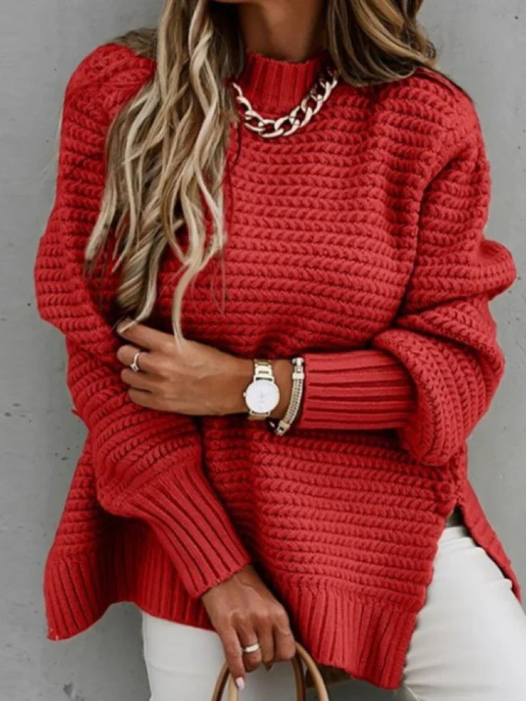 Women\'s Sweater Half High Collar Solid Color Pullover Fashion Autumn Winter Elegant Temperament Tops Commuting Women\'s Clothing