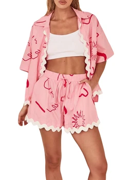 Women s Summer Loungewear Set Fashion Print Short Sleeve Lapel Button T-Shirt with Ric Rac Trim Shorts Sleepwear 1