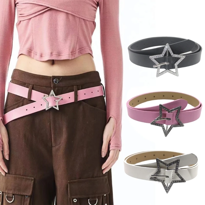

Lady Waist Belt Jean Belt PU Vintage Shining Star-Buckle Casual Ceinture Belt American Street Dance Jean Belt